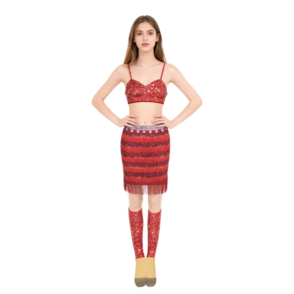 غزال تأثيري أحدث شخصية الفيلم زي الحيوان مثير الأحمر 3 قطعة دعوى مع Strappy تنورة صغيرة وجوارب ملابس عيد الميلاد #3