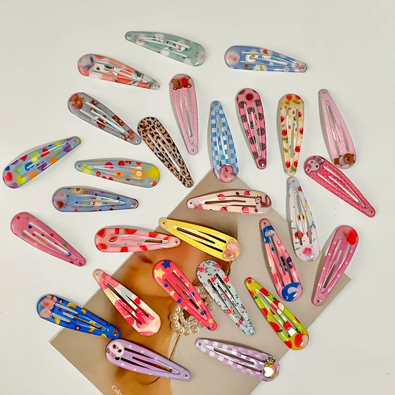 10/20/30Pcs Women Oil Print Hairpin Cartoon Rainbow Hair Accessories Animal Flower Fruit Dot Head Barrettes Cute Girls Headdress