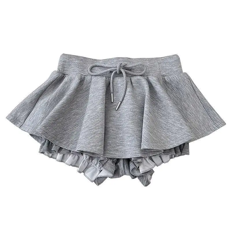 Grey drawstring ruffle skirt for women, 2025 new style ballet-style tutu skirt, anti-exposure skirt and pants