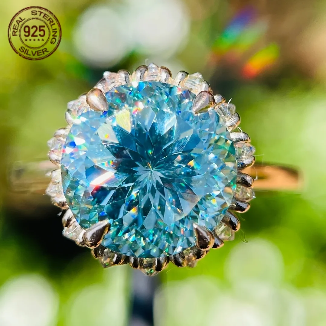 Elegant 3.5 CT Portuguese Cut Solitaire 925 Silver Engagement Ring Antique Halo Wedding Rings For Women Luxury Blue CZ Jewelry