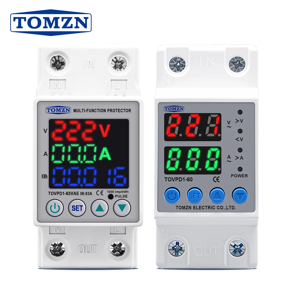 Реле защиты от перенапряжения, пониженного напряжения и перегрузки по току с двойным дисплеем для DIN-рейки, 40А, 63А, 80А, 220В, 230В