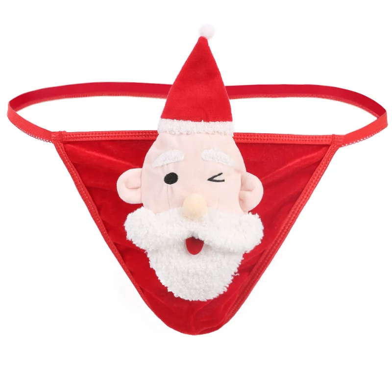 Novelty Men Christmas Thong Panties G‑string Underwear Santa Claus Plush Decor Low‑rise Holiday Party Funny Underpants