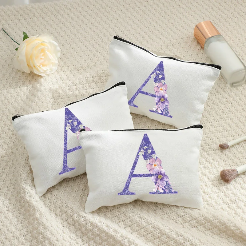 

Purple Flower Initials Cosmetic Bag Travel Storage Toiletry Bags Perfume Lipstick Pouch Bride Makeup Bags Wedding Birthday Gifts