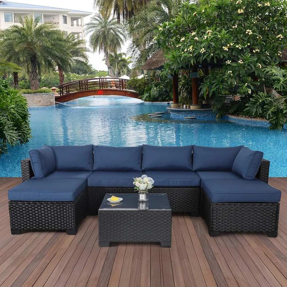 

7 Pieces Outdoor Wicker Furniture Set Patio Rattan Sectional conversation sofa set with Navy Blue Cushions and Glass Top Table