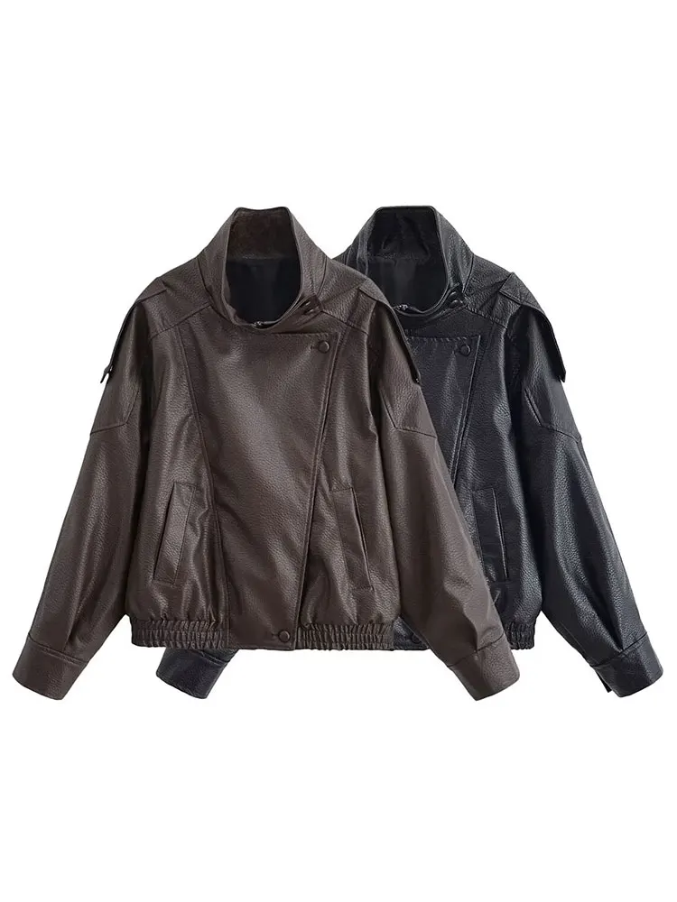 HH Autumn Women Faux Leather Jacket Turtleneck Long Sleeve Zipper Coat Winter Woman Vintage Motorcycle Leather Jackets Outerwear