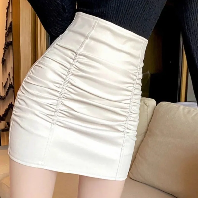 New Autumn Winter Fashion Pleated Small Leather Skirt Feminine High-waisted Slim Skirt A-line Hip