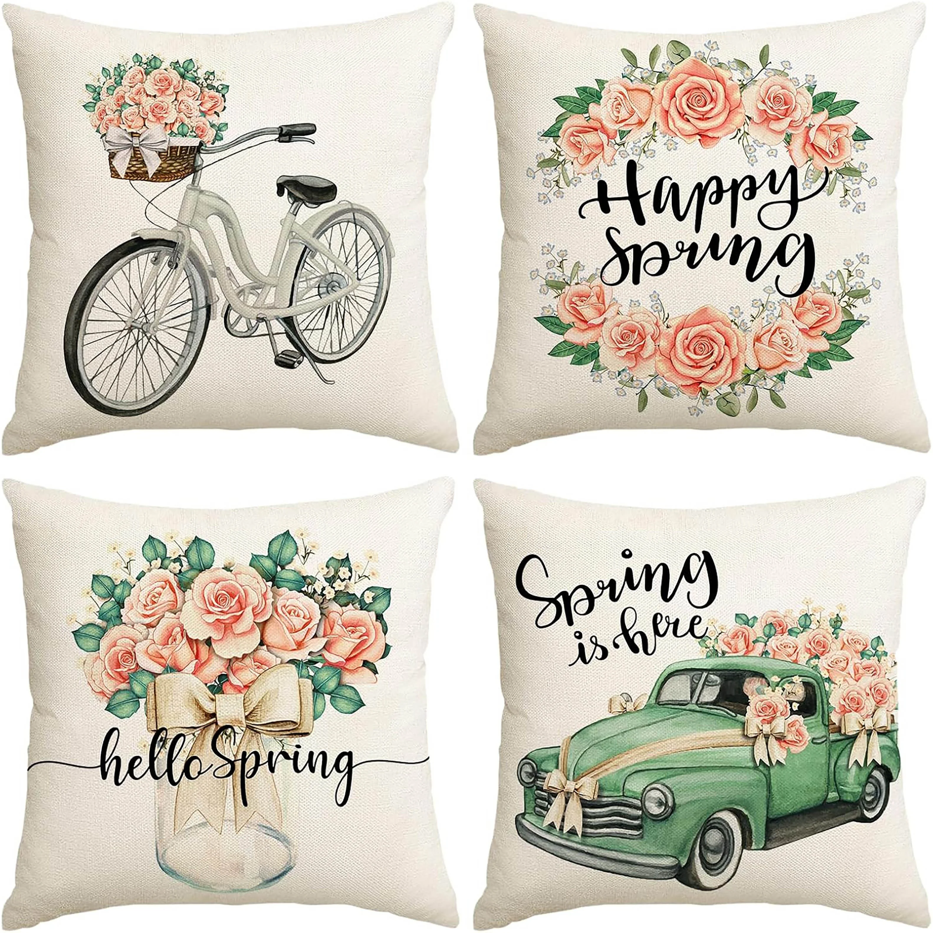 4 Piece Spring Floral Cushion Covers Set Home Decor Throw Pillows Happy Bouquet Bicycle Vintage Seasonal Gift Decor