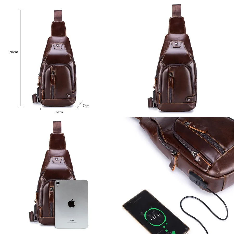 

【New style】- genuine leather men's shoulder bag large-capacity head layer cow leather oblique bag zipper multifunctional USB wa