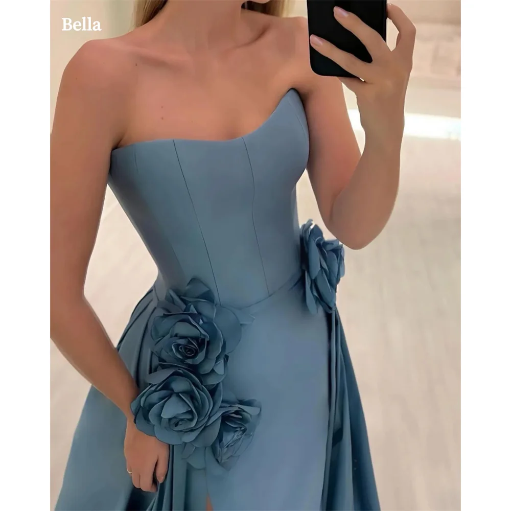 Bella Blue Satin Strapless Prom Dresses Elegant Sleeveless Evening Dress Side High Split Floor-length Vestidos De Fiesta 2024