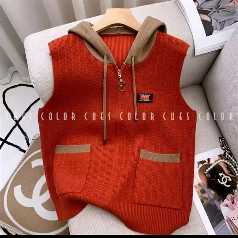 春秋新作 2025 ニットカーディガンベストジャケット レディースファッション ポケット付き ノースリーブ カラーマッチングベスト フード付きベストトップ