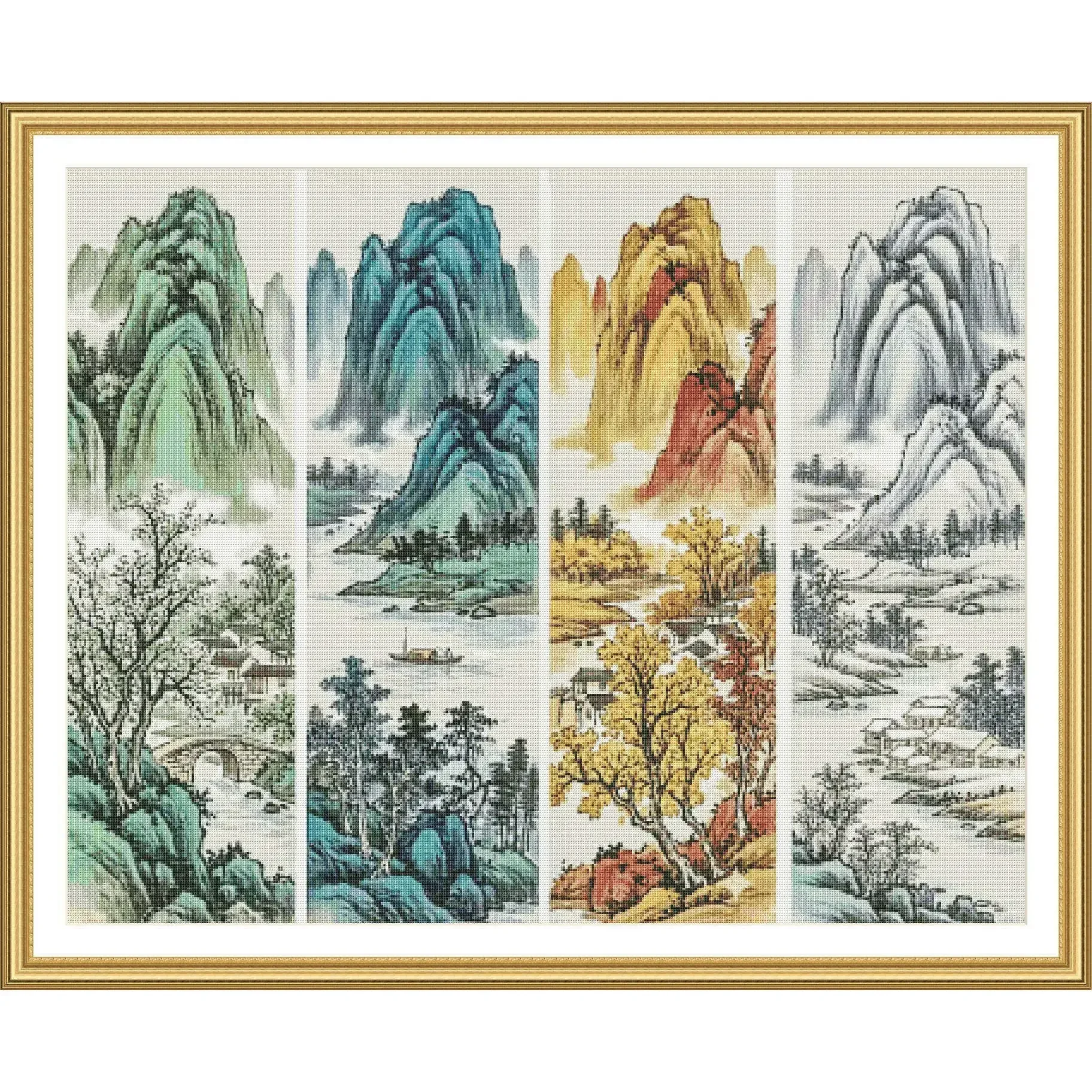 [ZZ8152-Ink Four Seasons] Stamped Cross Stitch Kit 11/14/16/18CT Pre Printed Canvas Cotton Thread DIY Embroidery Home Wall Decor