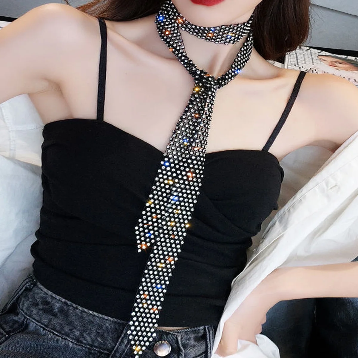 Long Rhinestone Necklace Necktie Artificial Diamond Tie Women's Versatile Personalized Pendant Cravat Party Dance Accessory