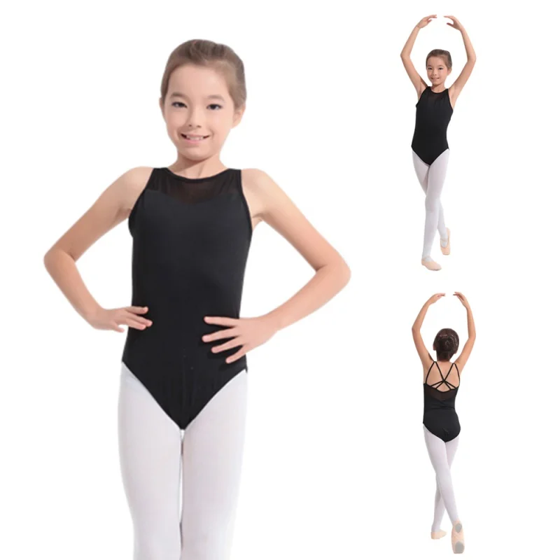 Child Black White Tank Dancewear Cotton Lycra Lace Leotard With Open Back Girls Ballet Dancewear Costume Bodysuit