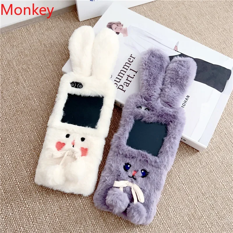 3D Rabbit Fluff Funda Back Cover For Samsung Z Flip 1 2 3 4 5 Case ZFlip6 Zflip5 Winter Plush Ball Phone Case for Galaxy zflip 6