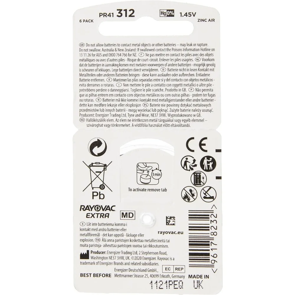 Rayovac-pilas de Zinc Air Extra 312 para audífonos, 60 piezas/10 tarjetas, 1,45 V, 312A, A312, PR41, para audífonos BTE CIC RIC OE