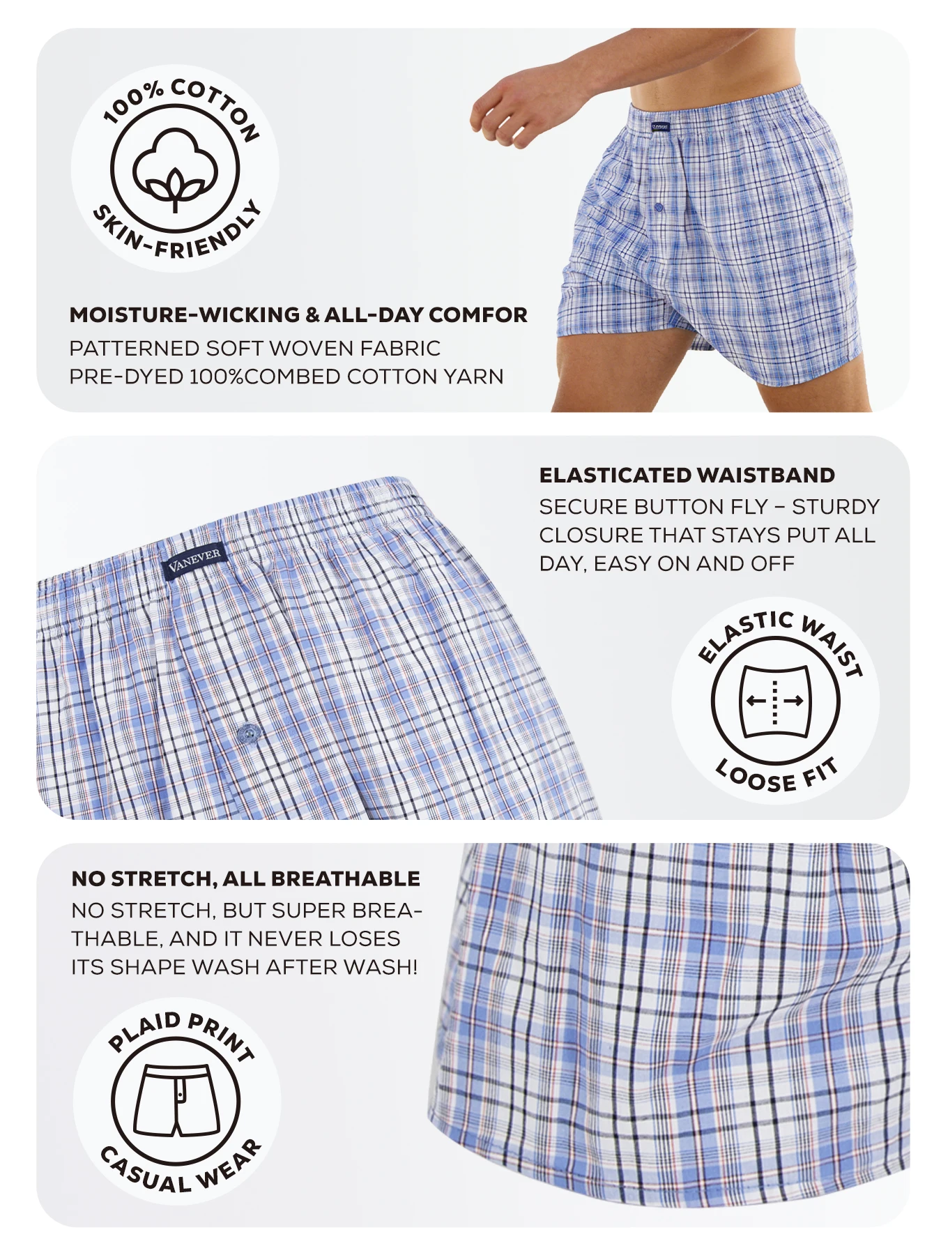 VANEVER 3 Pcs Boxers, Mid Waist Knit Cotton Woven Shorts, Loose Fit Plaid Men's Panties, Comfortable Homewear Men’s Underwear