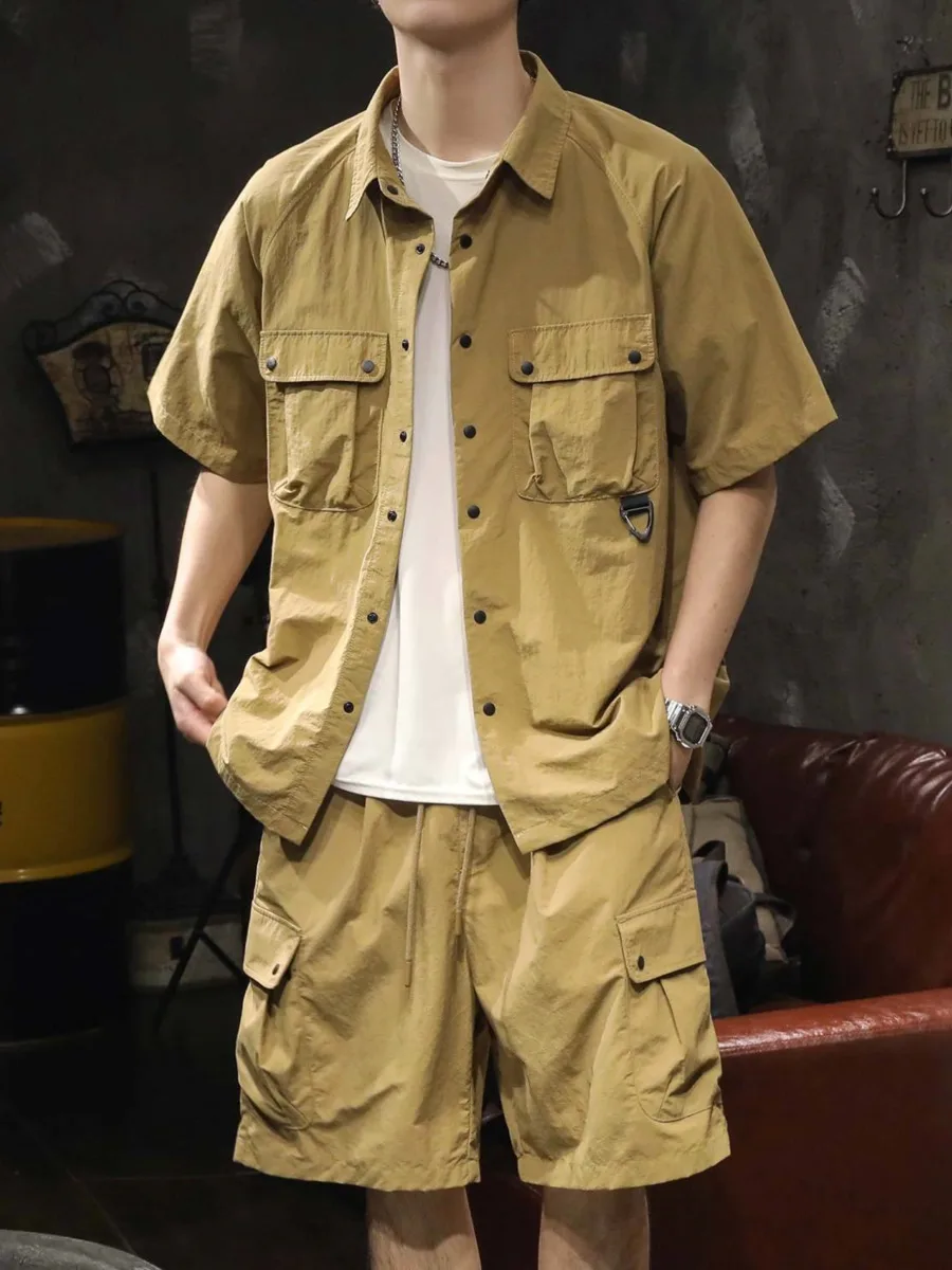 Trendy Cargo Summer Clothes Set Men Short Sleeve Shirt with Pockets And Shorts Solid Casual Safari Outdoor Outfits