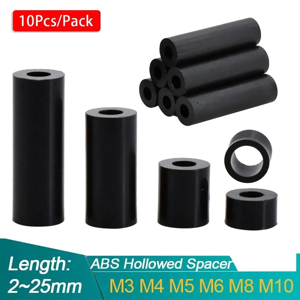 10Pcs/Pack Durable Non-Threaded ABS Spacer PCB Board Support TV Install Column Pillar Hollow Standoff M3-M10 Black Nylon Washer