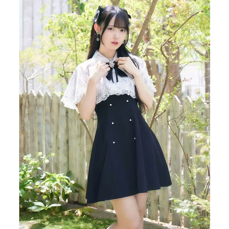 Kawaii Women Dress Black Japanese Jirai Kei 2 Pieces Sets Y2K Lolita Cute Sweet Aesthetic Mini Dress Elegant Cloak Shawl 2026
