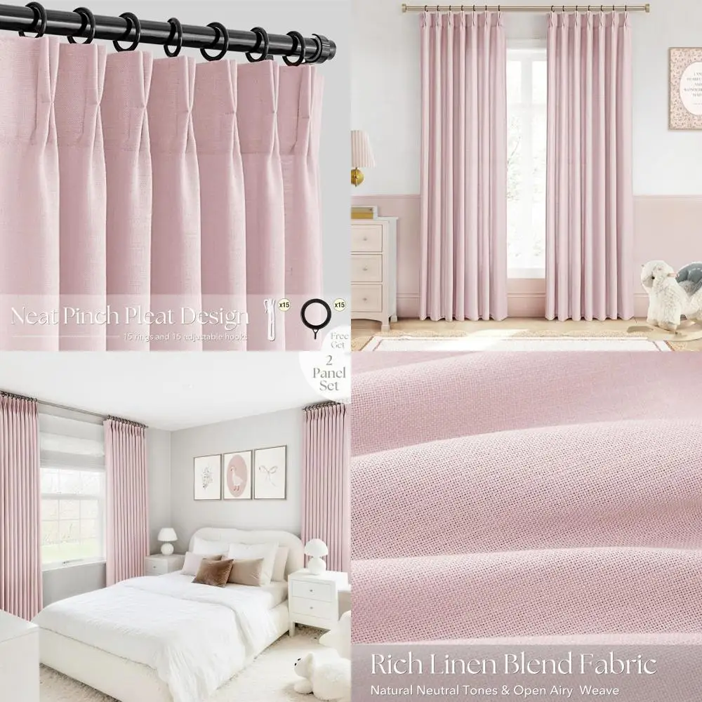 

84 льняные плиссированные шторы — комплект из 2 полупрозрачных розовых штор с кольцами для гостиной и спальни