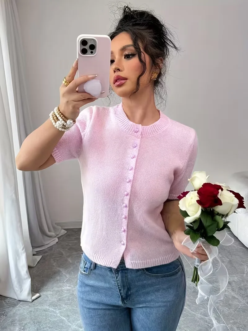 

Летний женский вязаный кардиган с короткими рукавами