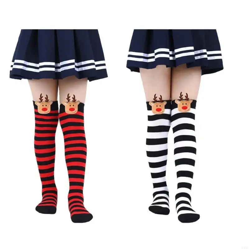 L5YC جوارب الفخذ العليا عيد الميلاد فوق جوارب الركبة مع جوارب الرنة الطويلة