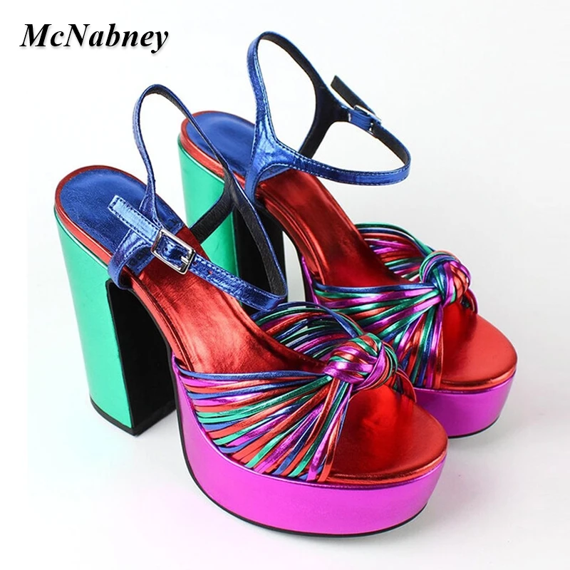 

Mixed Color Platform Woman Super High Heel Sandals Peep Toe Ankle Buckle Strap Square Heel Sandal Rainbow Bowtie Party Shoes