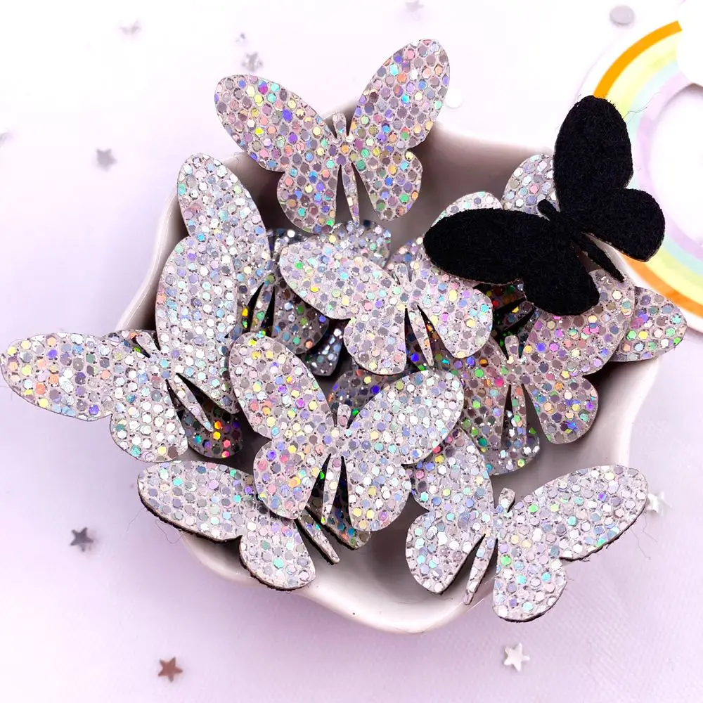 10pcs Felt Fabric Glitter Bepowder Cartoon Colorful Butterfly Rainbow Unicorn Cat Patch Sewing DIY Hair Bow Applique Craft