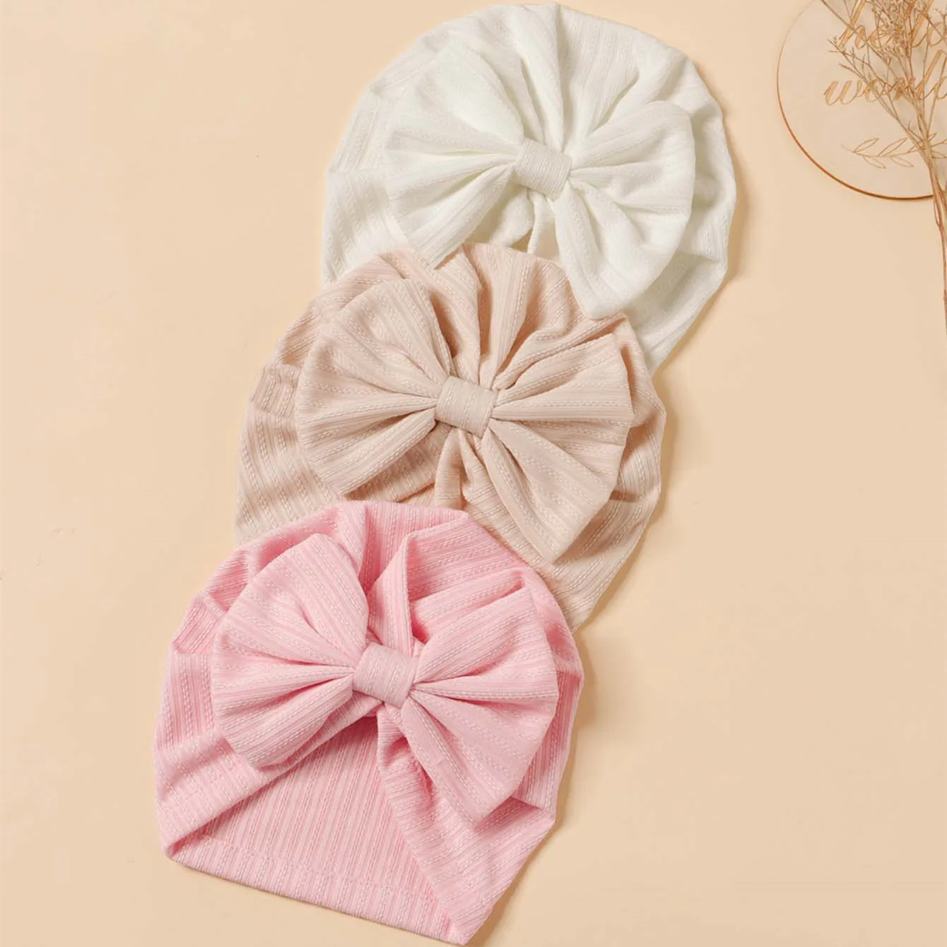 

3Pc/Lot Cute Bowknot Baby Hat Knitted Solid Color Girls Turban Hat Soft Newborn Head Wraps Infant Cap Babies Accessories Beanies