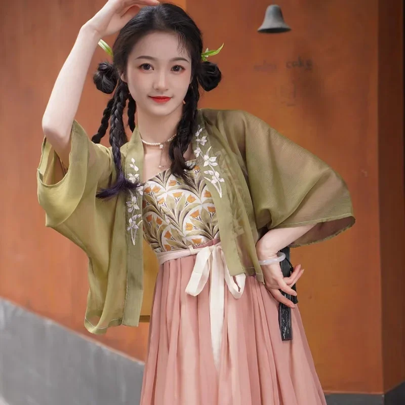 Robe à bretelles Hanfu imprimée de fleurs roses pour femmes, cardigan brodé vert, original, élégant, style chinois, cosplay Hanfu trempé