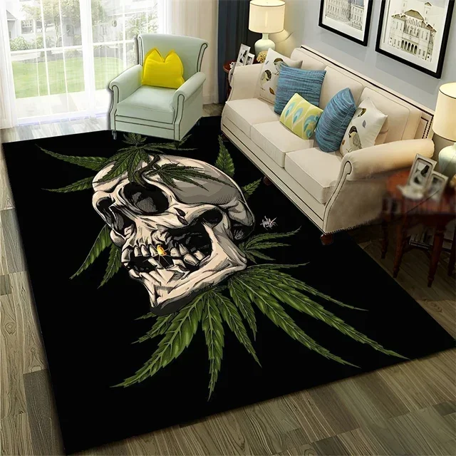 Smoke Maple Weed Plants Green Death Skull Carpet Rug for Home Living Room Bedroom Sofa Doormat Decor,Area Rug Non-slip Floor Mat