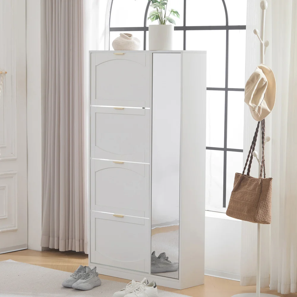 Moderner Schuhschrank mit Spiegel, 4 klappbare Aufbewahrungsfächer, verstellbares Regal hinter dem rechten Spiegel, ideal für den Flur – Detail 4