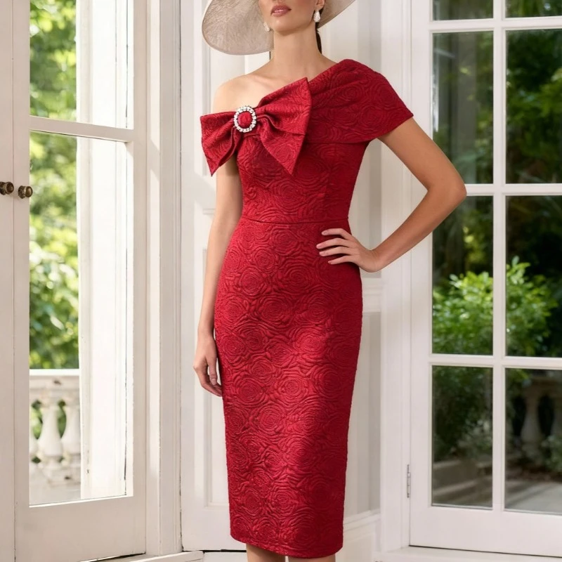 Abito alla moda con fiocco e spalle scoperte in jacquard rosa verde scuro, vestibilità slim, elegante abito da festa midi per donna, sera da cocktail