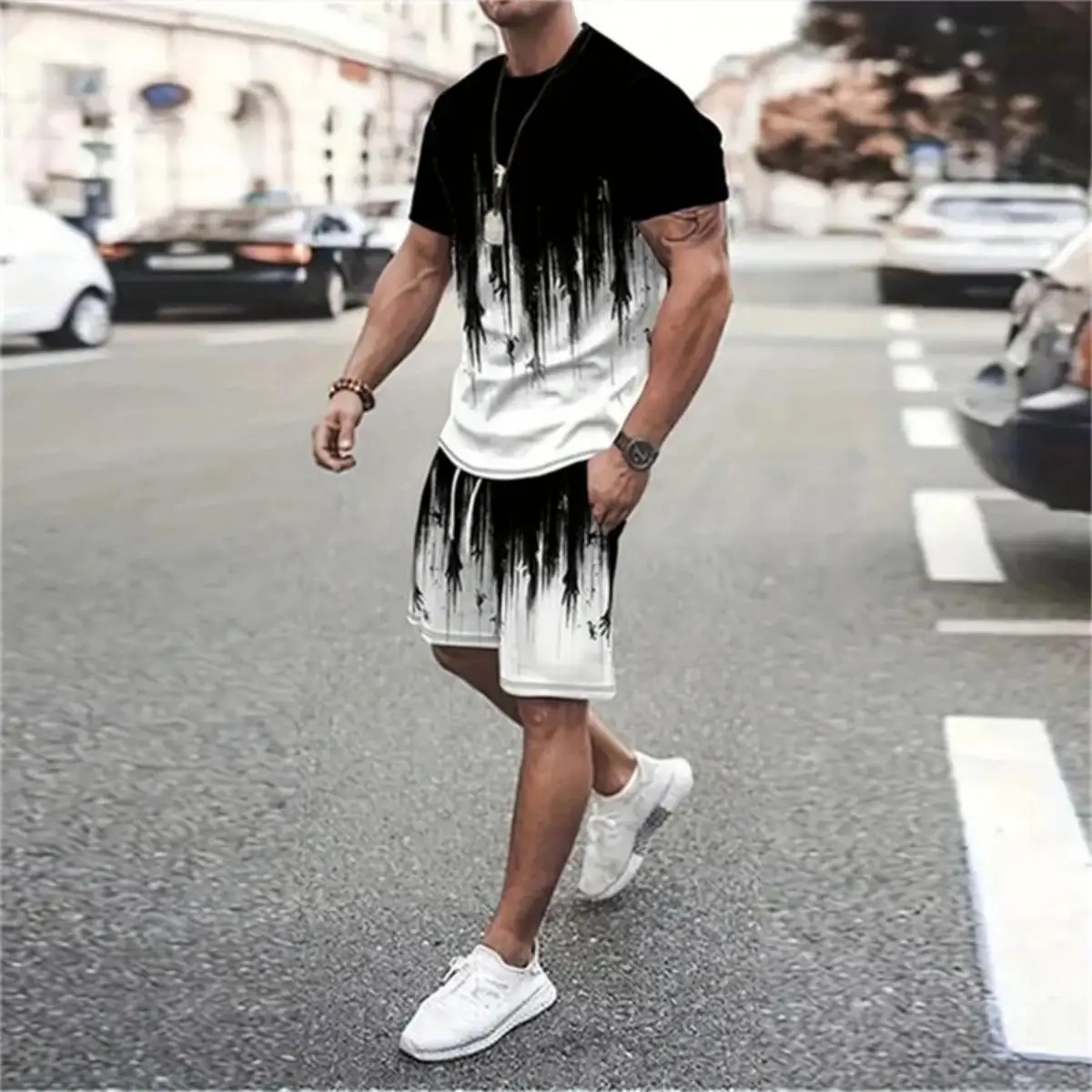 

Men's breathable quick drying top with letter print, men's short sleeved top outdoor street city casual sports T-shirt set