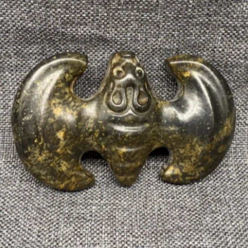 Antique Hongshan Culture Meteorite Carved Bat Hanging Ornament Accessories - Folk Art Craft, Exquisite Feng Shui Collectible