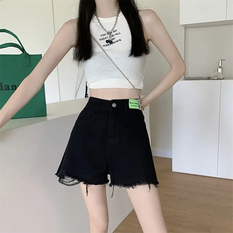 High Appearance Level pants Trend-breaking Fringe Denim Shorts Women's Summer Design High Waisted Slim Loose Denim Hot Pants