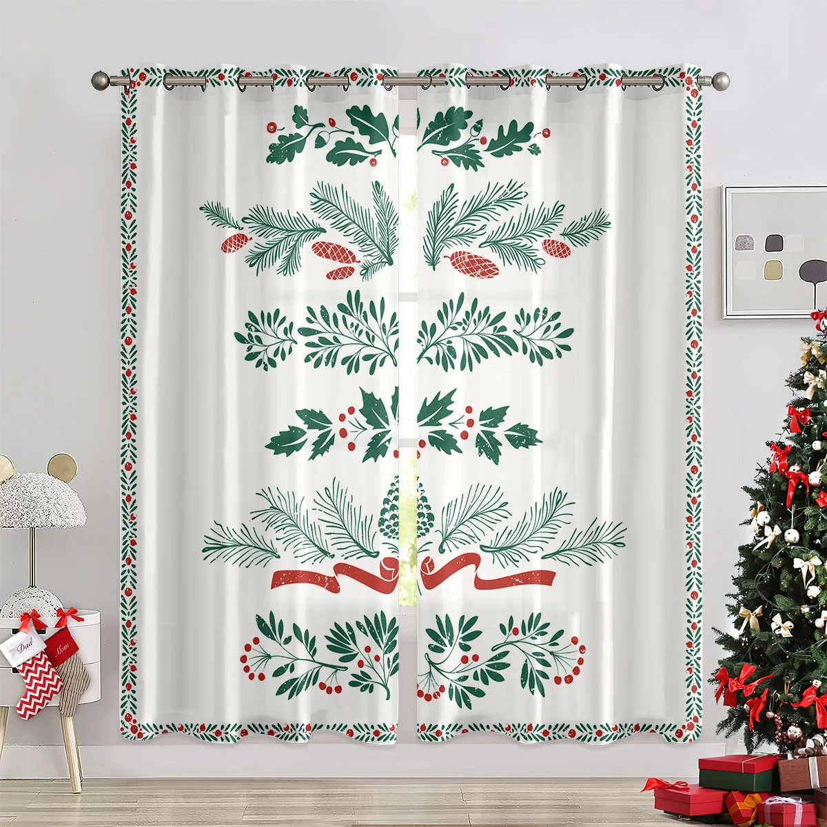 2pcs Curtains With A Vintage Leaf Print, 100% Polyester; Suitable For Christmas Dining Room Parties And Festive Decor.