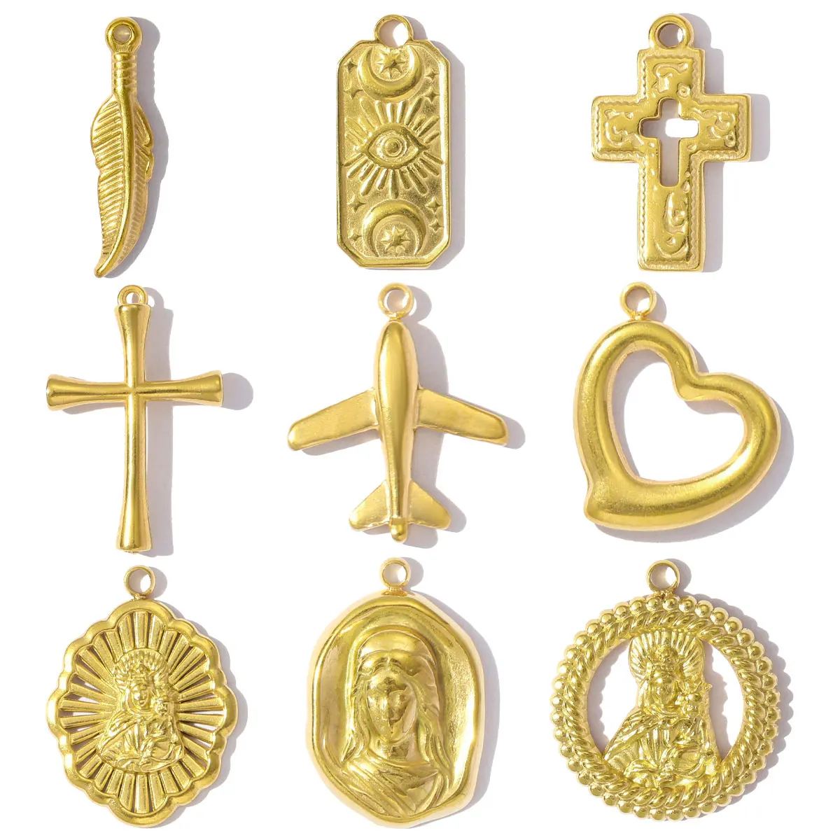 5pcs/Lot Stainless Steel The Virgin Mary Holy Mother Bracelet Charms Women Aircraft Cross Eye DIY Pendants Heart Jewelry