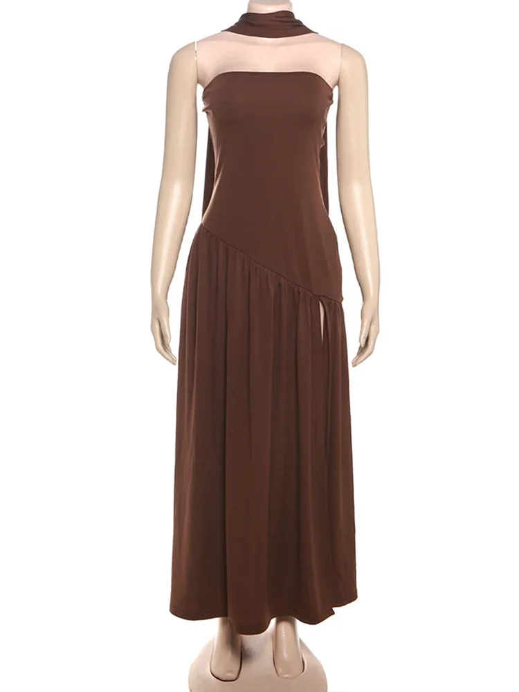 CPSYMYM – robe Patchwork dos nu pour femmes, drapée, fente latérale, ruban, sans bretelles, sans manches, élégante, pour fête d'anniversaire, été