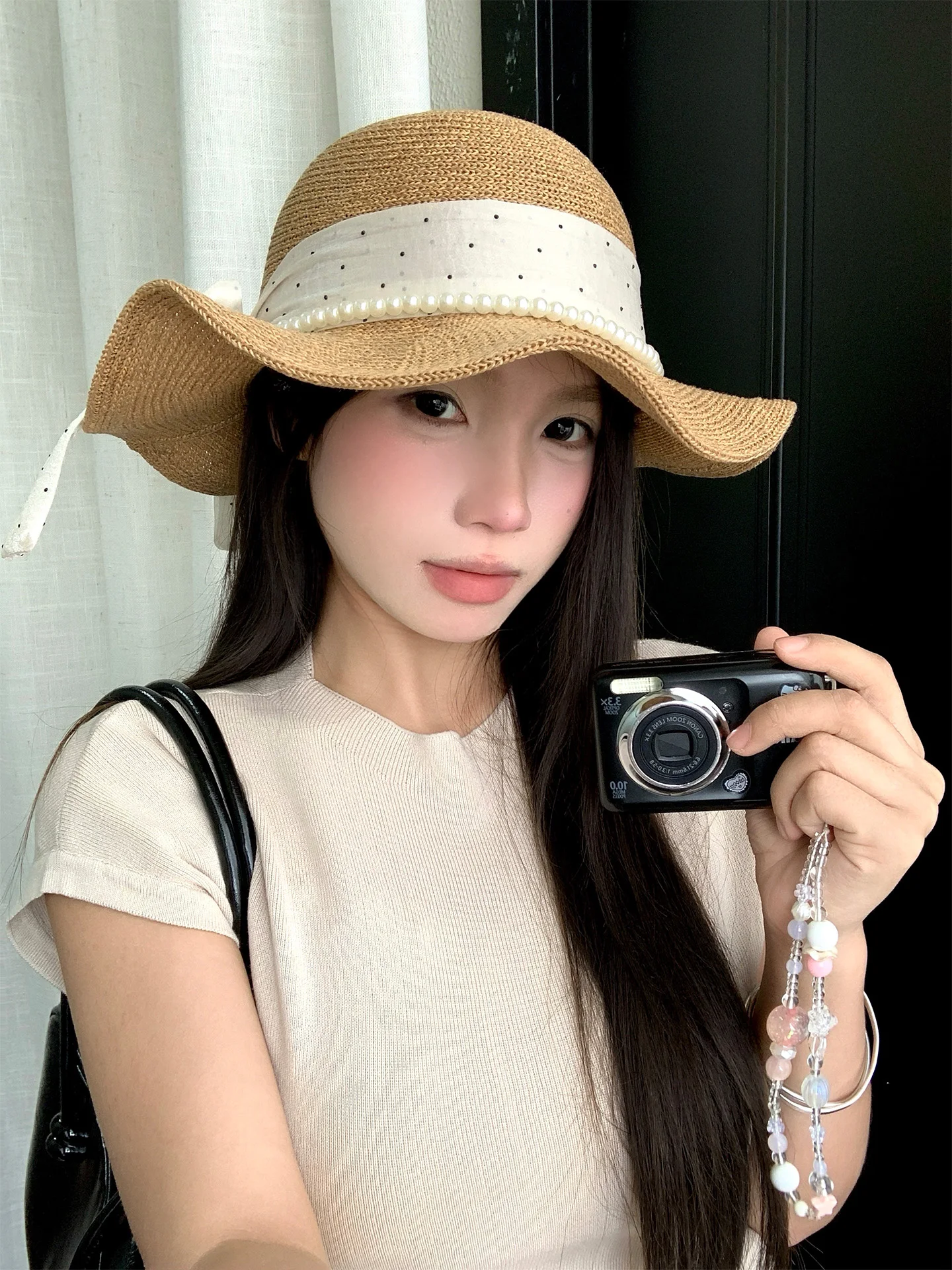Summer Beach Vacation Women's Straw Hat Pearl Polka Dot  Knot Wave  Sunshade Hat Wide Brim round Top Cap