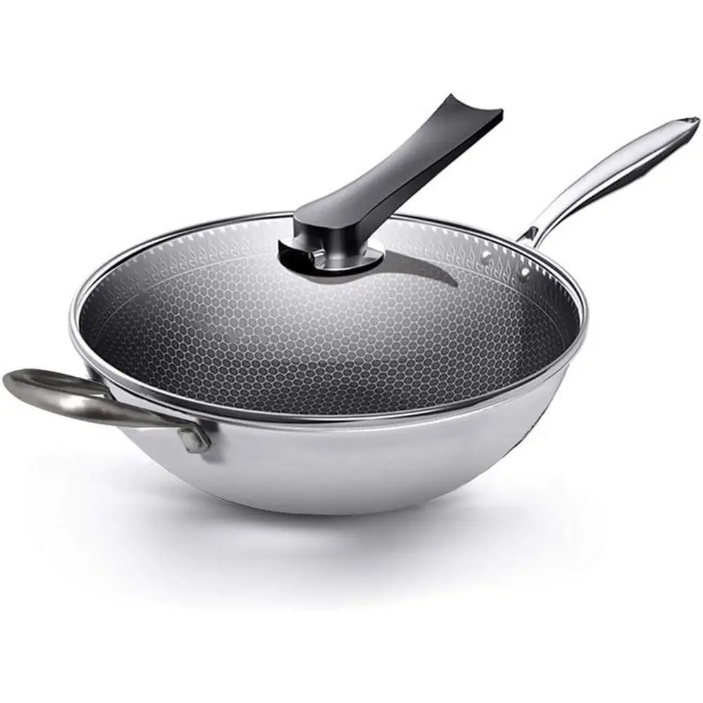 

34-сантиметровая антипригарная сковорода-вок из нержавеющей стали со стеклянной крышкой и термостойкой ручкой, кухонная утварь