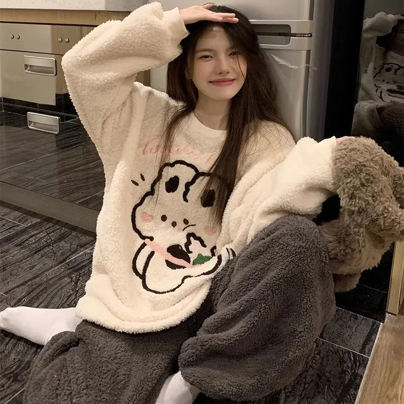 

Plus Size 5XL 150kg 2 Piece/Set Autumn Fleece Pajamas Set Loose Long Sleeves Cartoon Sleepwear Loose Homewear Casual Nightwear