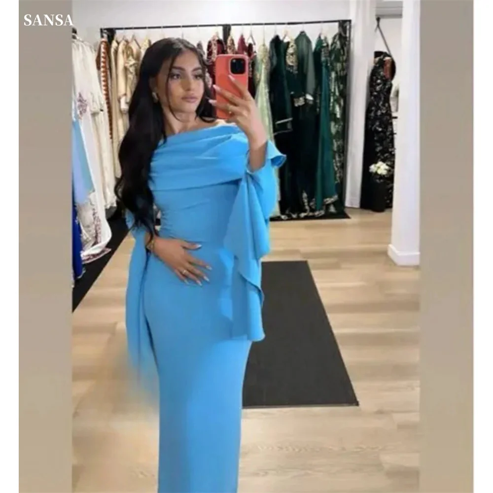 Sansa Elegant Blue Off Shoulder Prom Dresses Mermaid Long Sleeved  Vestidos de fiesta Chiffon Pleats Ankle-Length فساتين سهرة