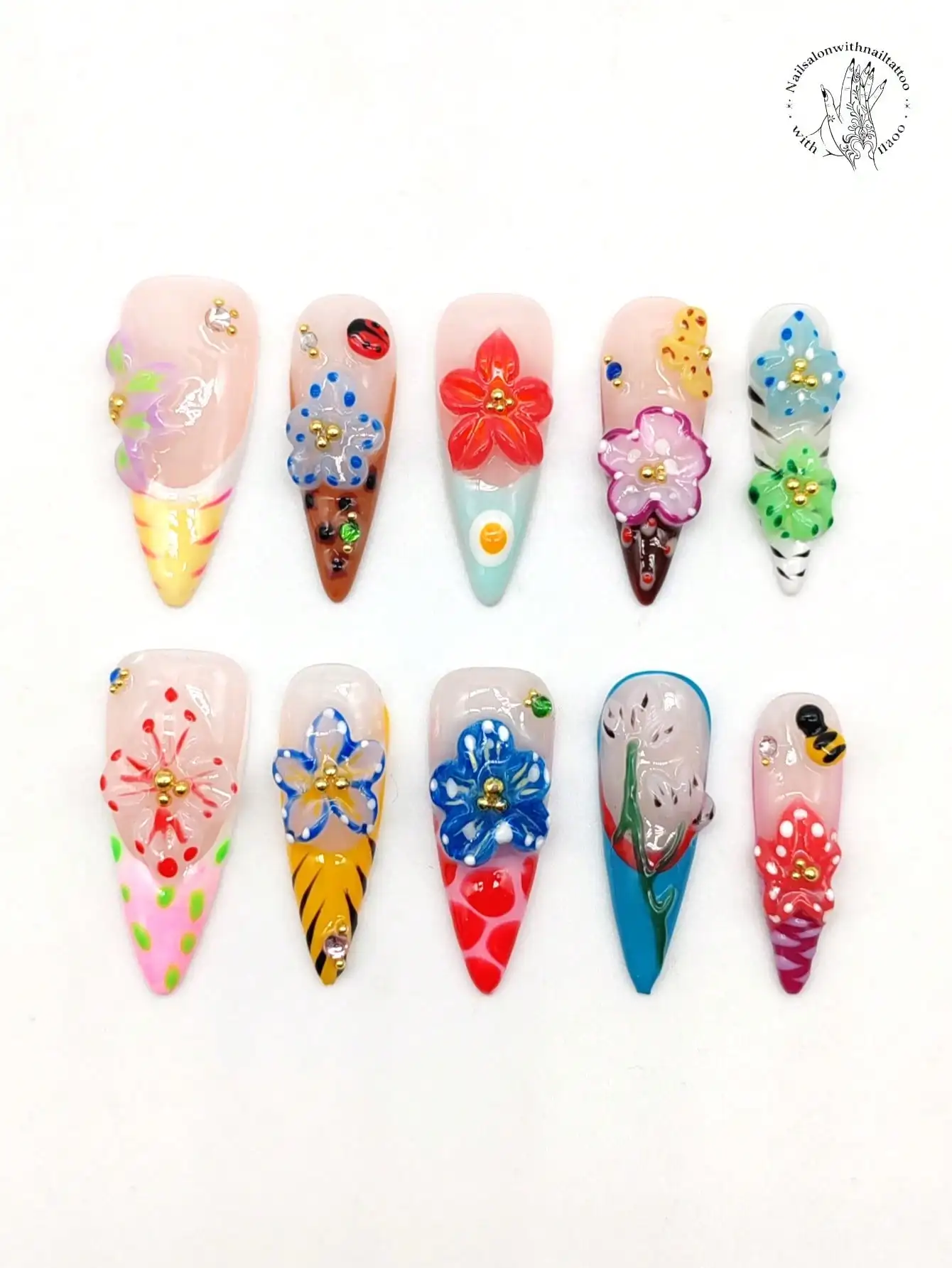 Handmade High Heel Press-On Nail Set of 10 33mm Various Colors with Embellishments for Autumn Winter Suitable for Parties Shows