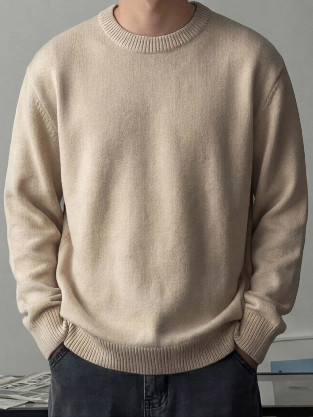 

Khaki round Ne Casual Loose Men's Knitwear 798 Design Spring Autumn Comfortable Heavyweight Sweater Simple Sle