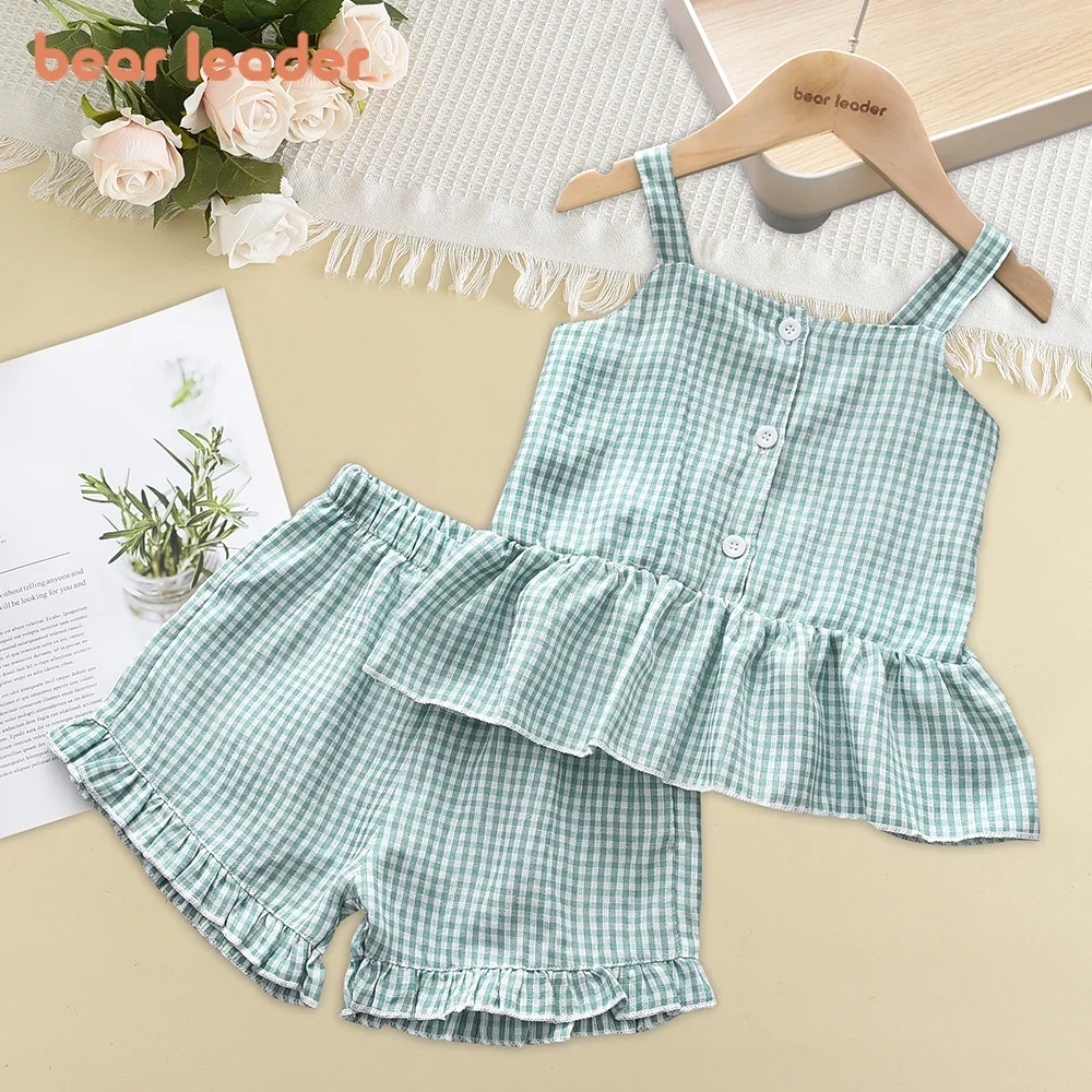 Bear Leader Baby Girls Clothes Sets Summer Plaid Print Girl Sleeveless Shirts Vest Shorts 2pcs Suit Casual Outfits Kids Clothes