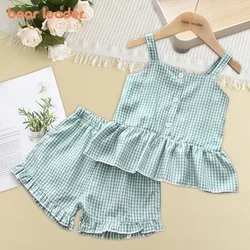 Bear Leader Baby Girls Clothes Sets Summer Plaid Print Girl Sleeveless Shirts Vest Shorts 2pcs Suit Casual Outfits Kids Clothes