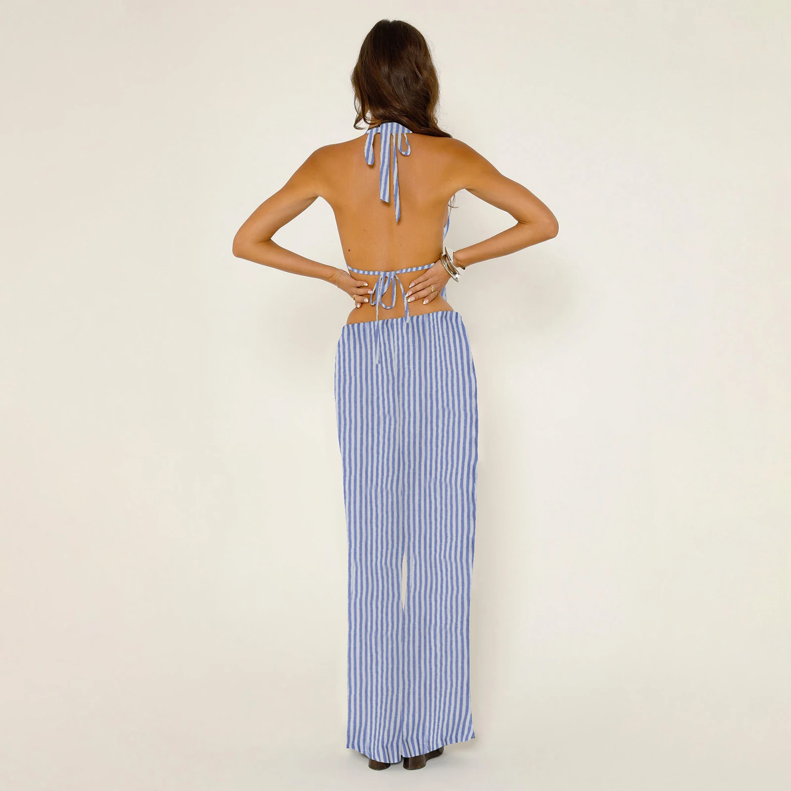 Women Stripe Tie-Up Halter Neck Backless Sleeveless Tank Tops Wide Leg Pants 2 Pieces Clothes Set Summer Lady Pants Outfits