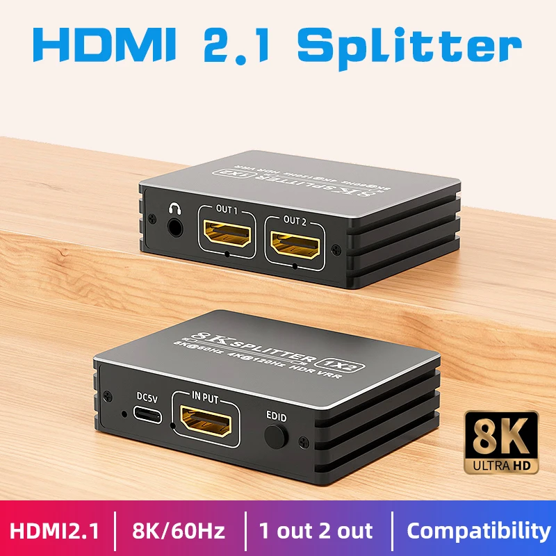 HDMI 2.1 Splitter 4K 120Hz 8K HDMI Splitter 1 in 2 out for Xbox Series X/S PS5 8K HDTV HDMI 2.1 Audio Extractor Splitter