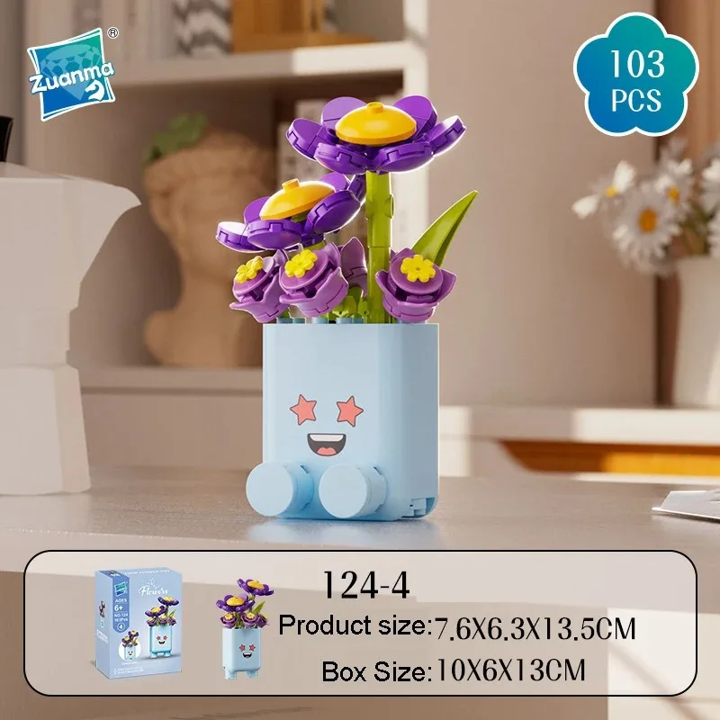 Kreative Emoticon-Blumentöpfe Bausteine Spielzeugmodell Sonnenblumen Rosen Blumen-Botanik-Bausteine Zusammenbaubares Ornament Kindergeschenk